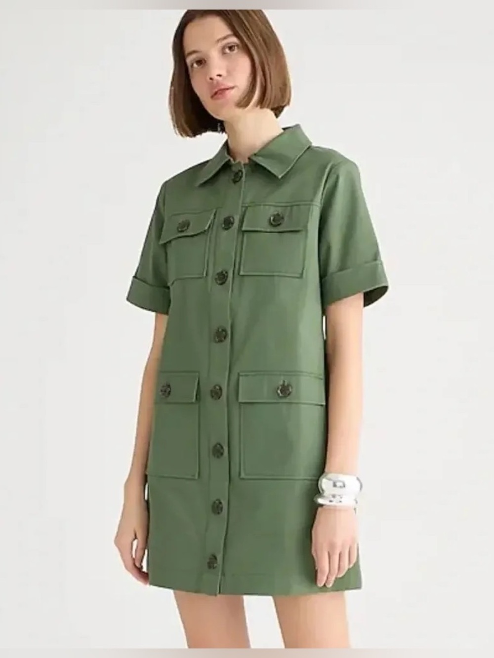 J. Crew Olive Green Garmine Short-Sleeve Utility Mini Dress, 4 flap pockets.